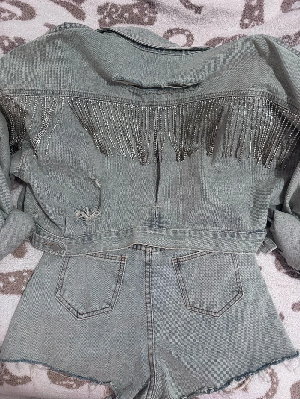 Denim Fringe Crop Jacket with Matching Shorts Set - distressed denim